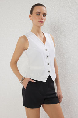 Trendyolmilla Beyaz Fitted Nak?sl? Pamuklu Dokuma Yelek TWOSS25YE00112 фото 2