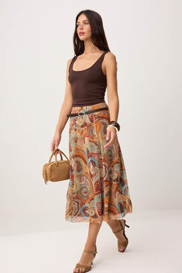 Sar? Sal DesenBoho/Boho Chic Skater Kemerli Normal Bel Midi Tul Orme Etek TWOSS26ET00165 - Trendyolmilla фото 2