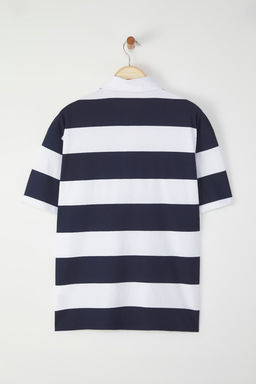 TRENDYOL MAN Lacivert Oversize/Genis Kesim Cizgili Bask?l? Nak?sl? %100 Pamuklu Polo Yaka T-shirt TMNSS25PO00014 - Trendyolmilla фото 5