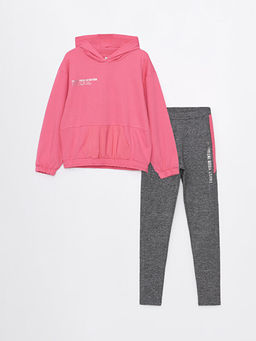 Bask?l? Uzun Kollu K?z ?ocuk Hoodie ve Tayt