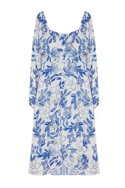 Mavi Soyut Mavi Cicek Desenli Midi Dokuma Elbise TWOAW24EL00865