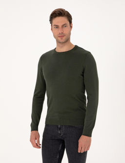 Koyu Haki Slim Fit Bisiklet Yaka Basic Triko Kazak