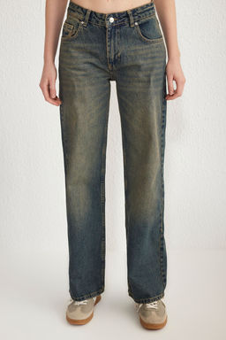 Koyu Mavi Premium Vintage Y?kama Efektli Dusuk Bel Wide Leg Jeans TWOSS25JE00083 - Trendyolmilla фото 2