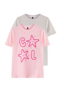 Tas-Pembe 2li K?z Cocuk %100 Pamuk Slogan Bask?l? K?sa Kol Orme T-Shirt TKDSS25TS00013