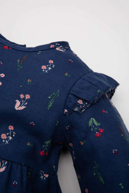 Саржевое платье с длинными рукавами и цветочным принтом для маленьких девочек - Defacto фото 2