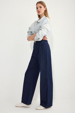 Koyu Mavi Pileli Yuksek Bel Wide Leg Jeans TWOSS25JE00040 - Trendyolmilla фото 2