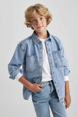 Джинсовая рубашка оверсайз с длинными рукавами для мальчика - Defacto фото 4
