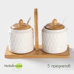 Банки для сыпучих с ложками на бамбуковой подставке BellaTenero Герда, набор 2 шт., фарфор, белые