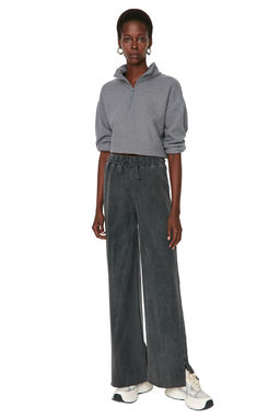 Antrasit Soluk Efektli Wide Leg/Genis Paca Normal Bel Ince Orme Esofman Alt? Pantolon TWOAW22EA0426 - Trendyolmilla фото 5
