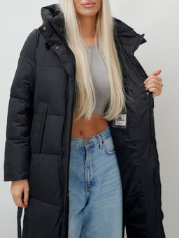 Пальто утепленное стеганное зимнее с капюшоном женское черного цвета 9605Ch - Mtforce фото 15