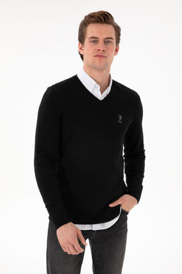 Erkek Slim Fit V Yaka Siyah Basic Kazak
