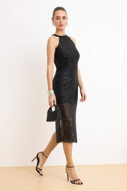 TRENDYOLMILLA Siyah Vucuda Oturan Astarl? Par?lt?l? Pullu Orme Payet S?k Abiye Elbise TPRAW24EL00233 фото 9