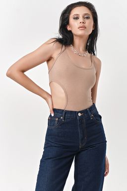 Боди из трикотажа в рубчик с люрексом мерцающий бежевый