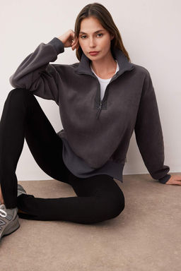 Antrasit Regular/Normal Kal?p Fermuar Detayl? Dik Yaka Polar Kal?n Orme Sweatshirt TWOAW26SW00026 - Trendyolmilla фото 2