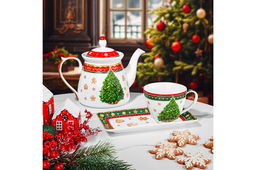 Чашка 250 мл с блюдцем для десерта 20*10*2 см Новогодняя елка красный узор NEW BONE CHINA - Elan gallery фото 17