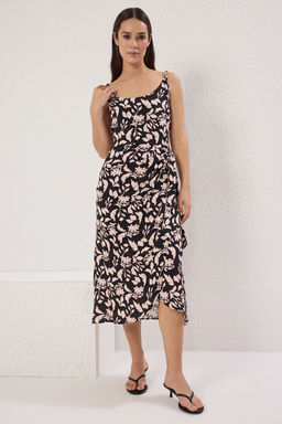 Siyah Cicekli Midi Dokuma Elbise TWOSS25EL00715