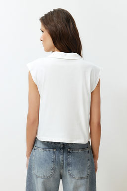 Ekru %100 Kal?n Pamuklu Polo Yaka Regular/Normal Kal?p Orme T-Shirt TWOSS24TS00075