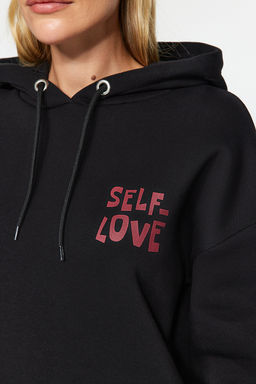 Siyah S?rt Bask? Detayl? Oversize/Genis Kal?p Kal?n Ici Polarl? Orme Sweatshirt TWOAW22SW0687
