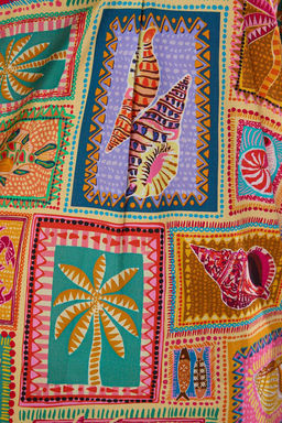 Tropikal Desenli Dokuma Y?rtmacl? %100 Pamuk Plaj Midi Elbise TBESS25EL00050