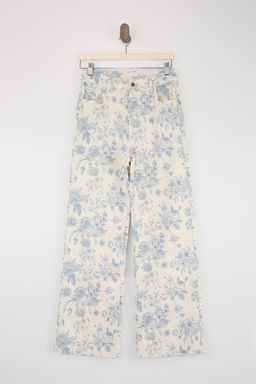 Cok Renkli DOKUMLU Cicek Bask?l? %100 Pamuk Yuksek Bel Wide Leg Jeans TWOSS26JE00222
