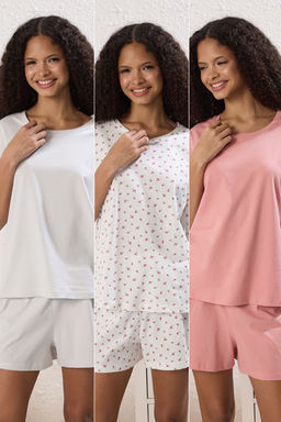 Trendyolmilla Cok Renkli 3lu Paket %100 Pamuklu Cicekli Sortlu Orme Pijama Tak?m? THMSS25PT00419