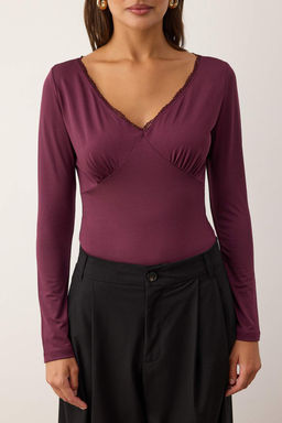 Siyah V Yaka Dantel Detayl? C?tc?tl? Esnek Orme Body TWOAW26BD00013 - Trendyolmilla фото 9