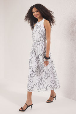 Trendyolmilla Beyaz Etegi Belden Ac?lan Cicek Nak?sl? Midi Dokuma Elbise TWOSS25EL00428  фото 3