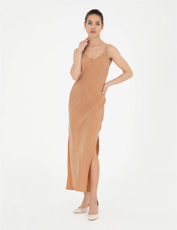 Kahverengi Slim Fit Y_rtma_l_ Dokuma Elbise