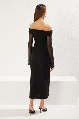 Trendyolmilla Siyah Vucuda Oturan Drapeli Krep Orme Midi S?k Elbise TPRSS25EL00176  фото 5