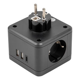 S-GES2-16SBUC BLACK Разветвитель сетевой с выключателем, с/з. 2 гнезда. 2USB+1TYPE C. 16А, 3500Вт. Черный. ТМ Uniel