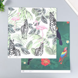 Цена за 5 шт. Бумага для скрапбукинга двусторонняя «Попугаи, фламинго и зебры», плотность 180 г, 30.5×32 см