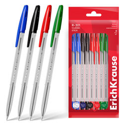Цена за 24 шт. Набор из 8 ручек шариковых ErichKrause R-301 Stick Classic 1.0, цвет чернил: синий - 5, черный -1, красный - 1, зеленый -1 (в пакете)
