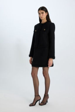 A Kesim Yuksek Bel Basic Duz Tweed Mini Siyah Etek
