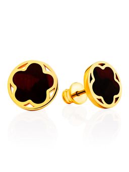 Стильные серьги-гвоздики из позолоченного серебра и тёмно-вишнёвого янтаря Монако. Янтарь®