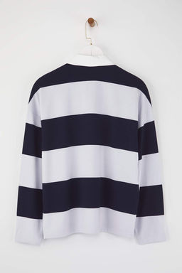 Lacivert Cizgili Polo Yaka Oversize/Genis Kal?p Orme Sweatshirt TWOAW26SW00051