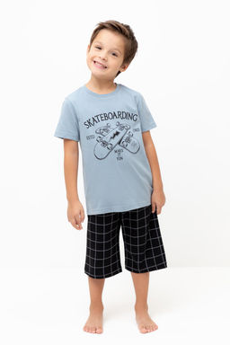 К 1528/пыльно-синий,двойная клетка пижама для мал