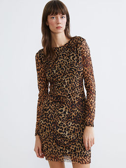 Bisiklet Yaka Leopar Desenli B?zg?l? Mini Elbise