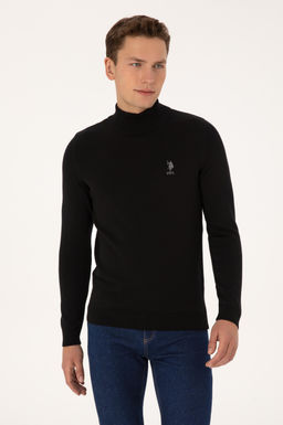 Erkek Slim Fit Yar_m Bal_k__ Yaka Siyah Basic Kazak