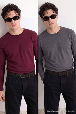 Antrasit Melanj-Bordo 2li Paket %100 Pamuk Uzun Kol Regular/Normal Kesim T-Shirt TMNAW24TS00001