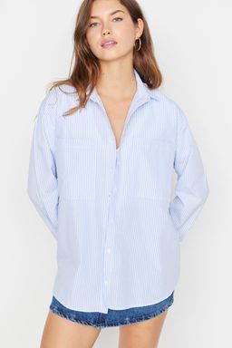 Mavi Cizgili Cep Detayl? Oversize/Genis Kal?p Dokuma Gomlek TWOAW23GO00359