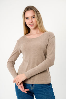 Лонгслив женский из кулирки с лайкрой бежевый меланж макси - Амадэль фото 2