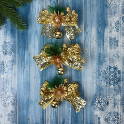 Ёлочные игрушки 3 шт. Зимнее волшебство. Еловая композиция пластик, бант блеск, цветок, 117 см, золото