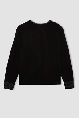 Женский черный свитер-туника стандартного кроя с круглым вырезом и рукавами реглан - Defacto фото 4