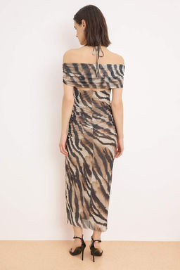 Renkli Zebra Desenli Duz Buzgu / Drape Orme Tul Midi Astarl? Party Elbise