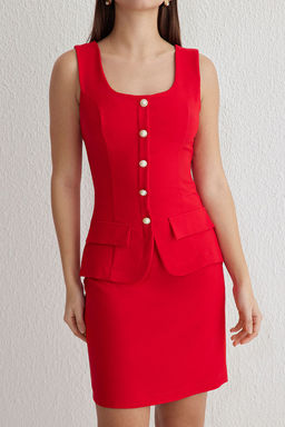 TRENDYOLMILLA K?rm?z? A Kesim Dugme Detayl? Mini Dokuma Elbise TWOSS25EL00028  фото 8