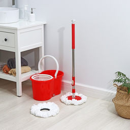 Швабра с отжимом и ведром на колёсиках с пластиковой центрифугой Доляна, 14 л, швабра, запасная насадка из микрофибры, МИКС