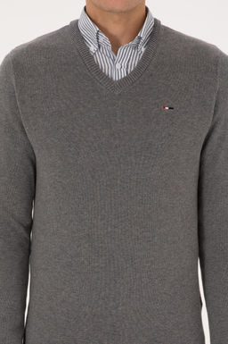 Erkek Slim Fit V Yaka Gri Melanj Basic Kazak - U.s. polo assn фото 6