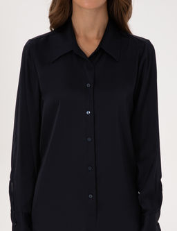 Lacivert Comfort Fit Uzun Kollu Saten G_mlek