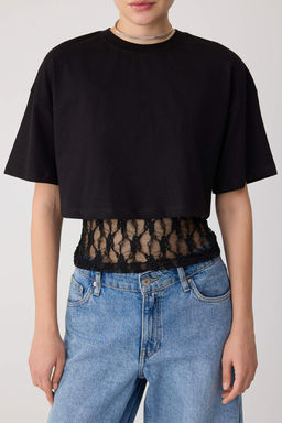 Siyah D_z Regular Bisiklet Yaka Dantel Detayl_ Pamuklu _rme T-Shirt TWOSS26TS00336 - Trendyolmilla фото 3