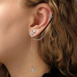 Серьга Кафф северная звезда с цепью, цвет белый в серебре